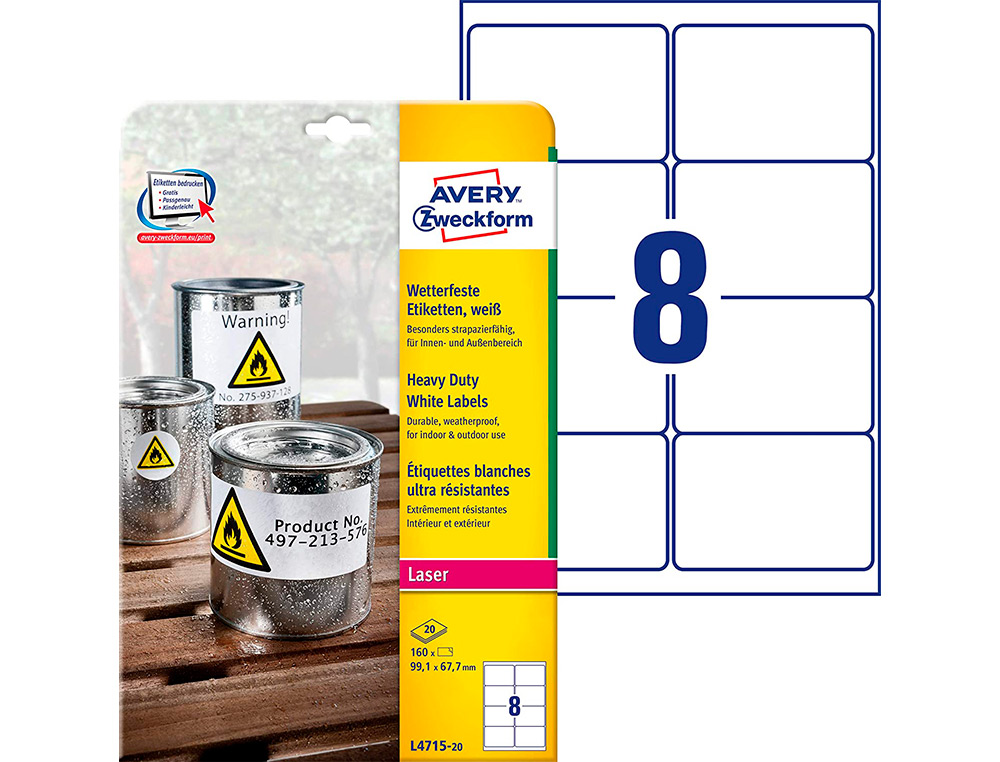 ETIQUETTE AVERY ULTRA RESISTANTES POLYESTER LASER   BLANC 99,1 X 67,7 MM BOITE DE 160