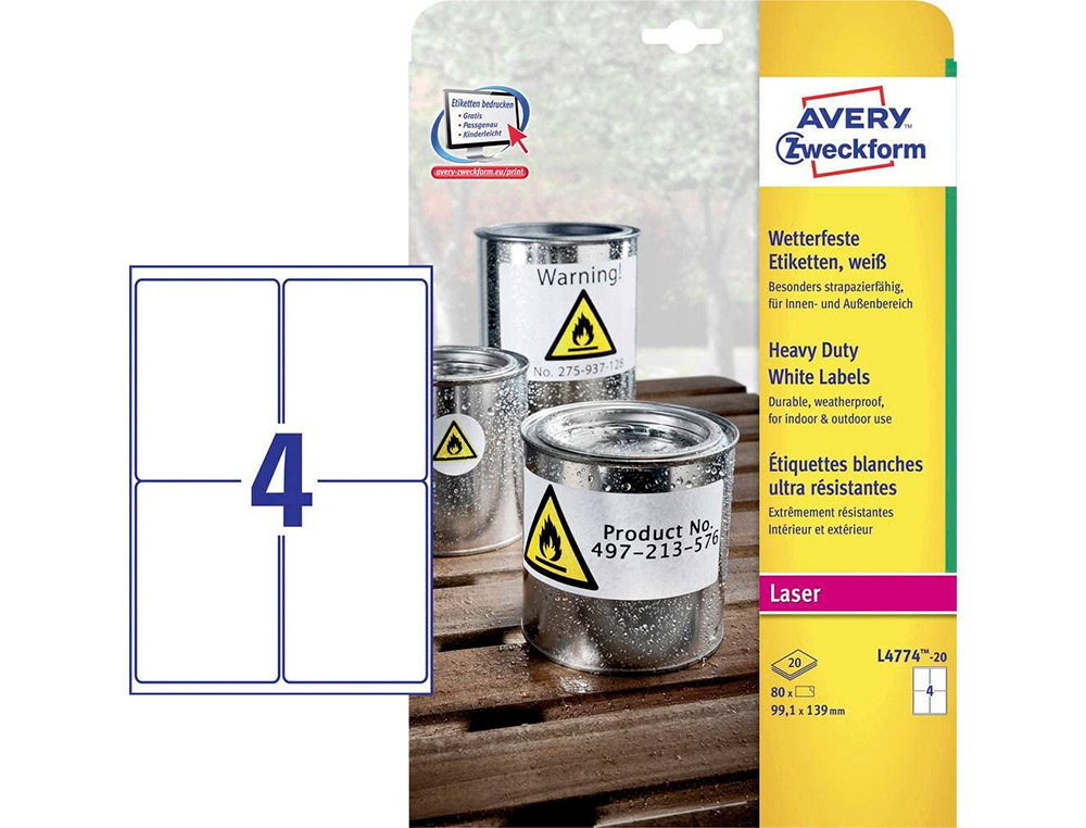 ETIQUETTE AVERY ULTRA RESISTANTES POLYESTER LASER   BLANC 99,1 X 139MM BOITE DE   80