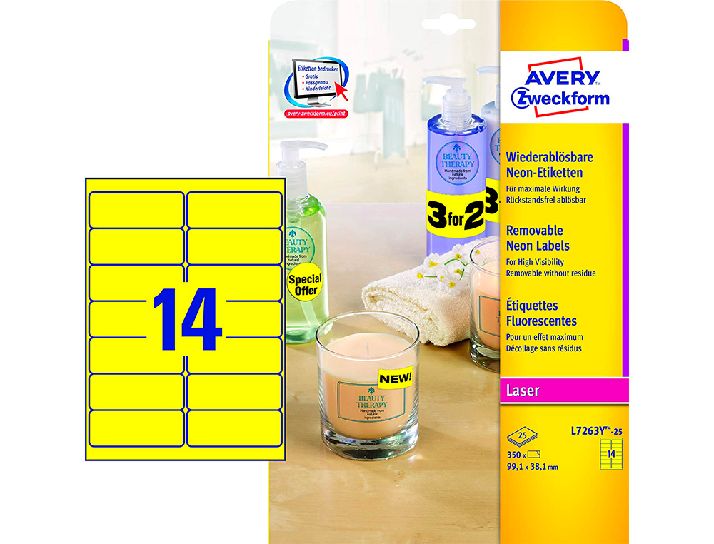ETIQUETTE AVERY FLUORESCENTE LASER JAUNE  99,1 X 38,1 MM   BOITE DE 350