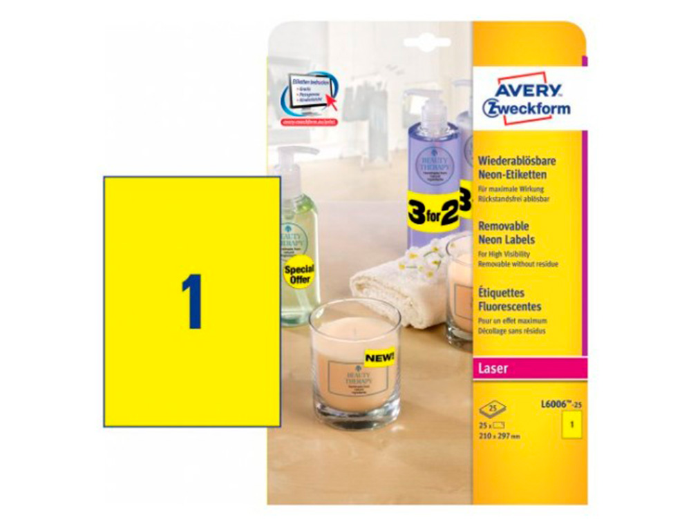 ETIQUETTE AVERY FLUORESCENTE LASER JAUNE  210 X 297 MM     BOITE DE 20