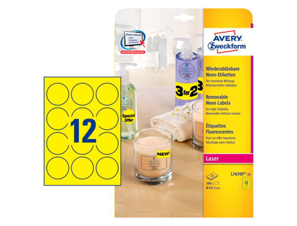 ETIQUETTE AVERY FLUORESCENTE LASER JAUNE   63,5 MM BOITE   DE 300