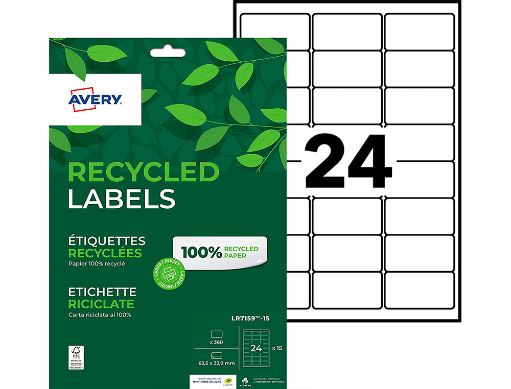 ETIQUETTE AUTOCOLLANTE AVERY ADRESSE RECYCLEE LASER BLANC  63,5 X 33,9MM BOITE DE 360