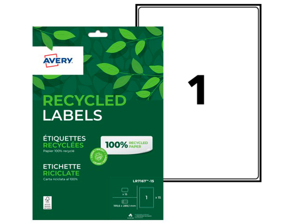ETIQUETTE AUTOCOLLANTE AVERY ADRESSE RECYCLEE LASER BLANC 199,6 X 289,1MM BOITE DDE 15