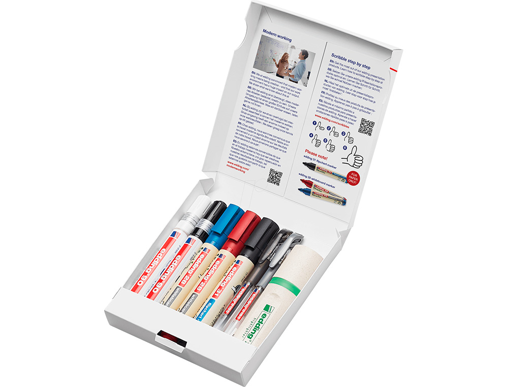 ETUI EDDING 8 STYLOS ASSORTIS 2 FEUTRES POUR VERRE, 2 FEUTRES EFFAÇABLE, 1 MARQUEUR CHEVALET , 2 STYLOS GEL, 1