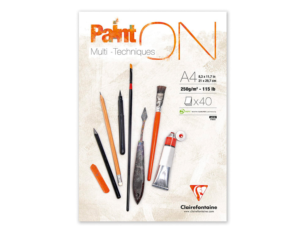 BLOC DE DESSIN ENCOLLE CLAIREFONTAINE PAINT'ON.      PAPIER MULTI TECHNIQUE 250G   EXTRA BLANC.  FORMAT A4 21 X