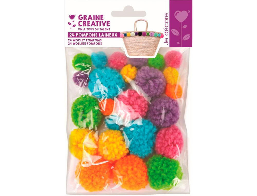 POMPON GRAINE CREATIVE POLYESTER DIAMETRE 15MM 30MM ASS COLORIS ARC EN CIEL SACHET DE 24U