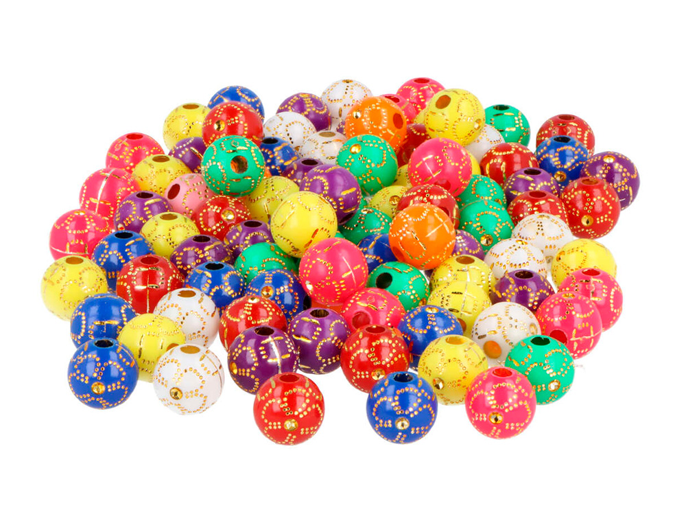 PERLE EN PLASTIQUE RONDE MULTICOLORE ORIENTALE DECOR   DORE DIAMETRE 10MM            BOCAL DE 400U