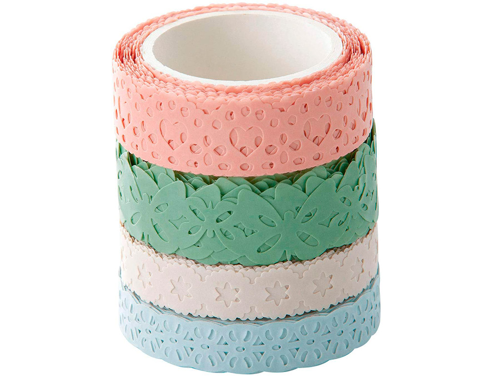 RUBAN ADHESIF DECORATIF WASHI PASTEL PACK DE 4 ROULEAUX 2X15MMX5M + 2X10MX5M