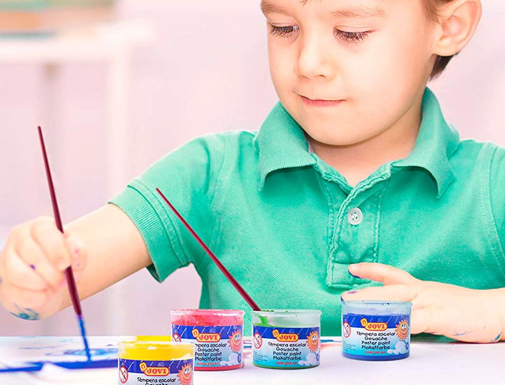 GOUACHE SCOLAIRE JOVI A BASE D'EAU COULEUR ASSORTIES 6 POTS DE 35 ML + PINCEAU+ POT POUR L'EAU