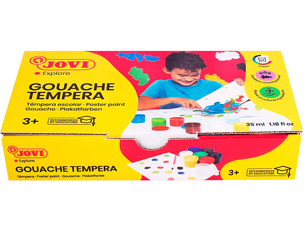 GOUACHE SCOLAIRE JOVI A BASE D'EAU COULEUR ASSORTIES 6 POTS DE 35 ML + PINCEAU+ POT POUR L'EAU