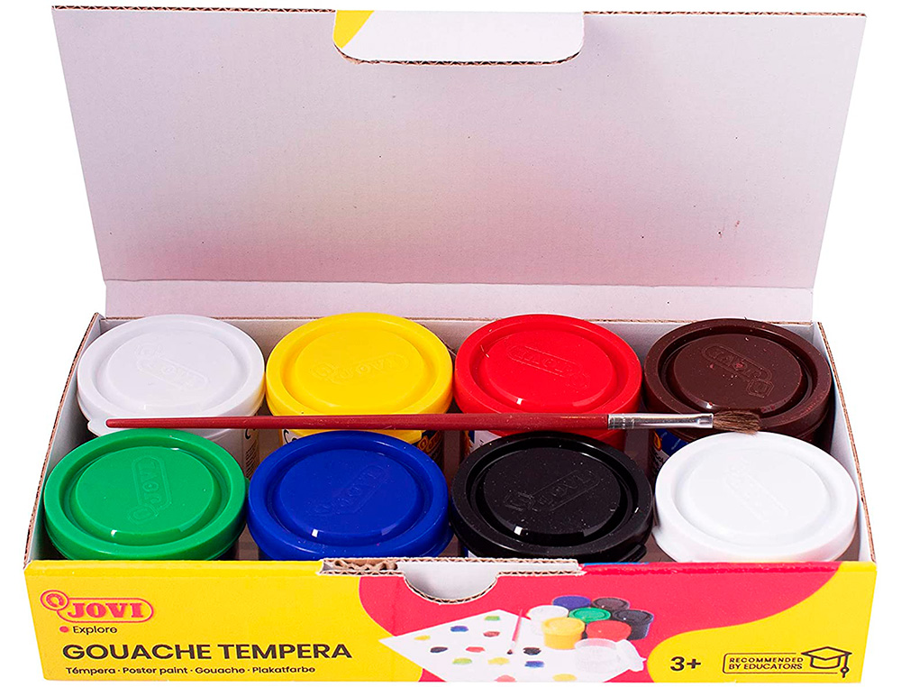 GOUACHE SCOLAIRE JOVI A BASE D'EAU COULEUR ASSORTIES 6 POTS DE 35 ML + PINCEAU+ POT POUR L'EAU