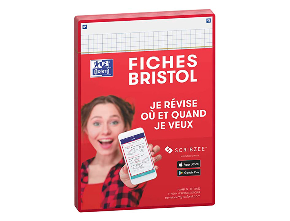 FICHES BRISTOL OXFORD REVISION 2.0 A5 PERFOREE  32  FICHES/FILM Q5X5 CADRE ROUGE
