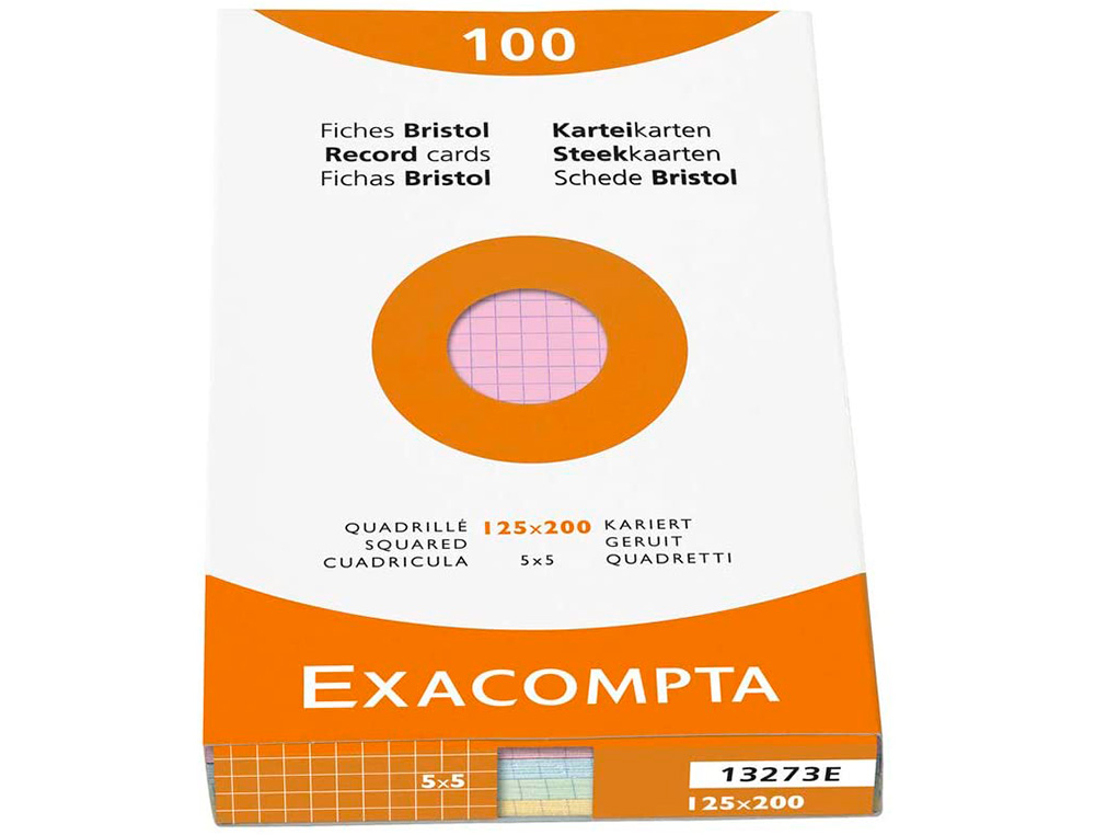 ETUI 100 FICHES EXACOMPTA BRISTOL QUADRILLEE 5X5 NON    PERFOREE ASSORTIS 125X200MM