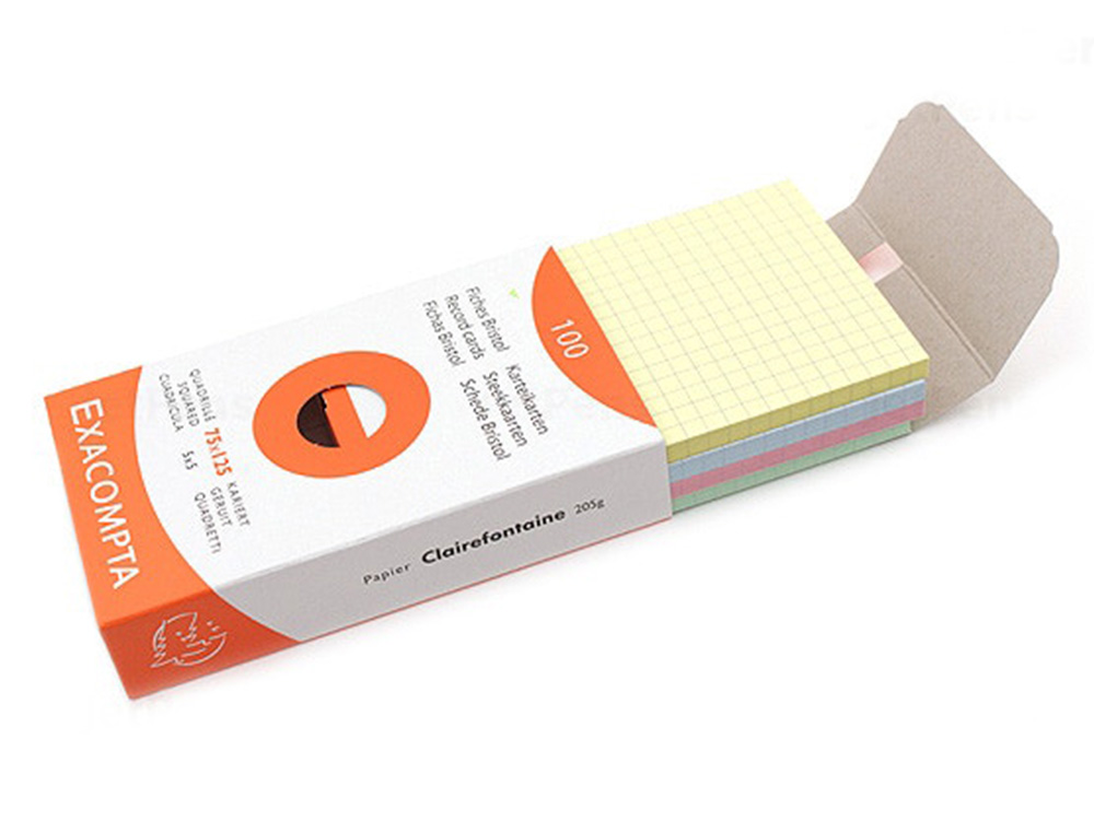 ETUI 100 FICHES EXACOMPTA BRISTOL QUADRILLEE 5X5 NON    PERFOREE ASSORTIS 125X200MM