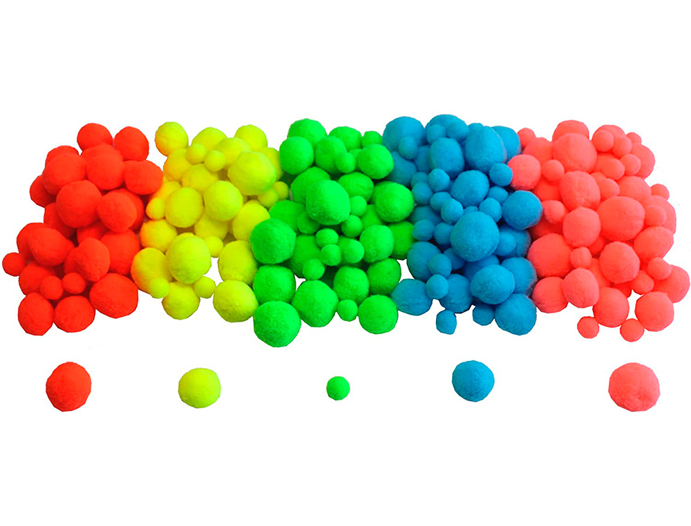 PACK POMPONS SODERTEX NEON POLYESTER - 3 TAILLES - 200   PCS - 5 COLORIS