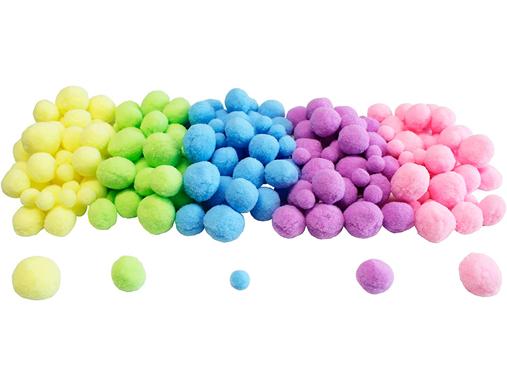 PACK POMPONS SODERTEX PASTEL POLYESTER - 3 TAILLES - 200   PCS - 5 COLORIS
