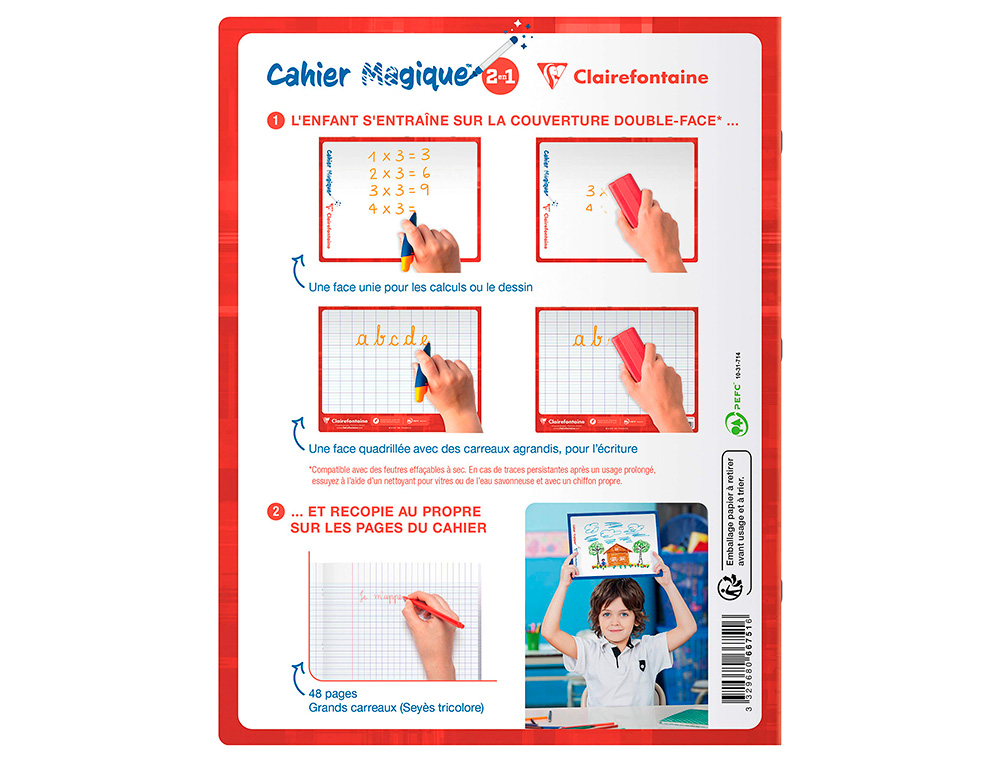 CAHIER ARDOISE CLAIREFONTAINE EFFAÇABLE DOUBLE FACE ANTIBACTERIENNE PIQUE BLANC 17X22CM 48P SEYES