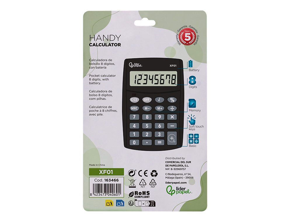 CALCULATRICE DE POCHE LIDERPAPEL XF01 8 CHIFFRES AVEC PILE 99X64X9 MM COLORIS NOIR