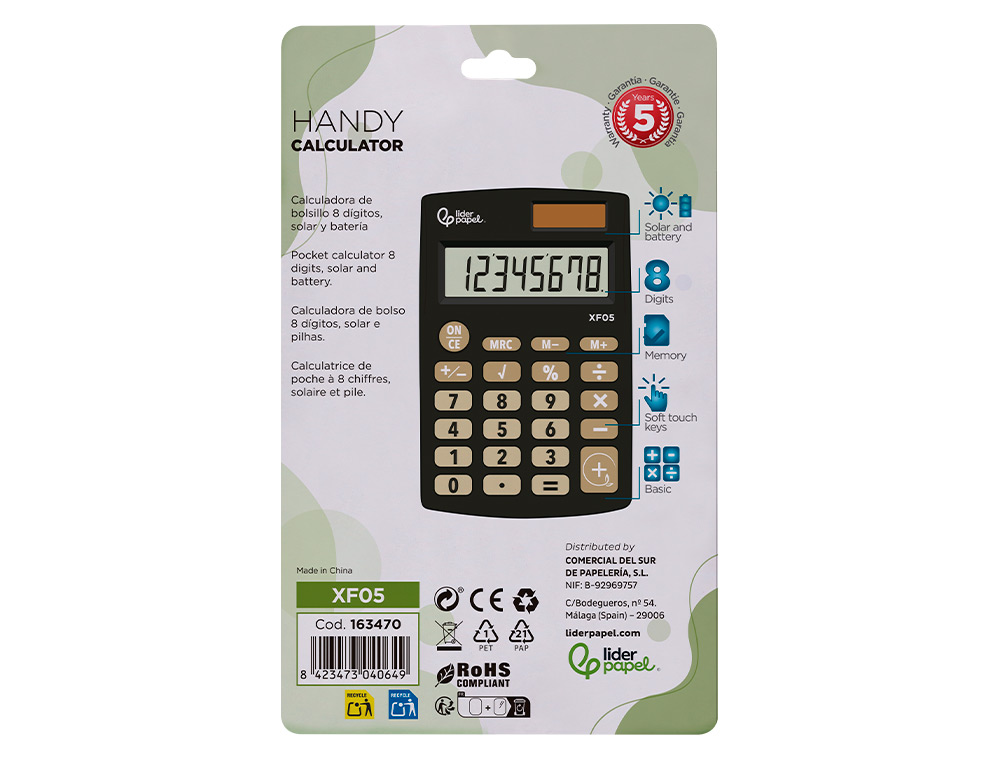 CALCULATRICE DE POCHE XF05 8 CHIFFRES SOLAIRE ET PILES 98X62X8 MM COLORIS NOIR