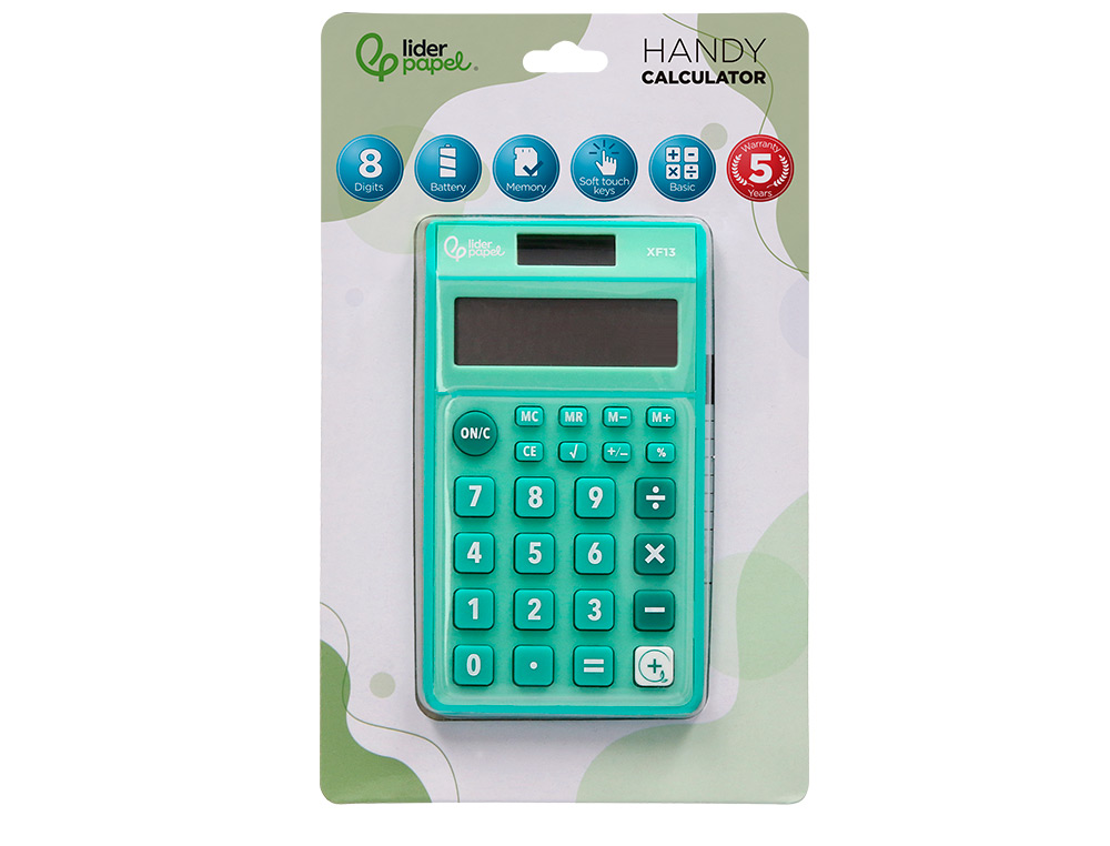 CALCULATRICE DE POCHE LIDERPAPEL XF13 8 CHIFFRES SOLAIRE ET PILES 115X65X8 MM COLORIS VERT