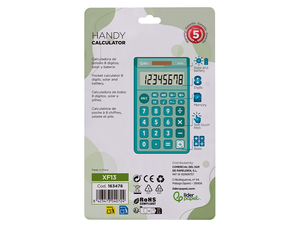 CALCULATRICE DE POCHE LIDERPAPEL XF13 8 CHIFFRES SOLAIRE ET PILES 115X65X8 MM COLORIS VERT