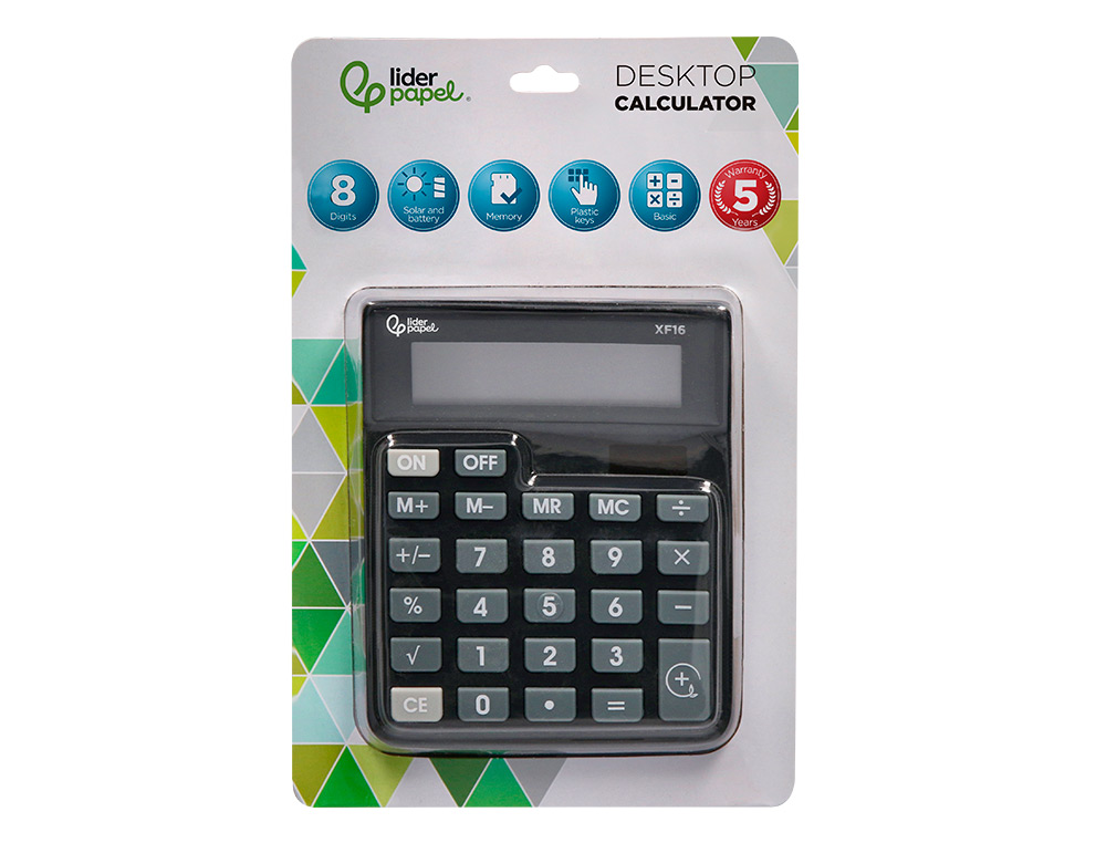 CALCULATRICE DE BUREAU LIDERPAPEL XF16 8 CHIFFRES SOLAIRE ET PILES 127X105X24 MM COLORIS NOIR