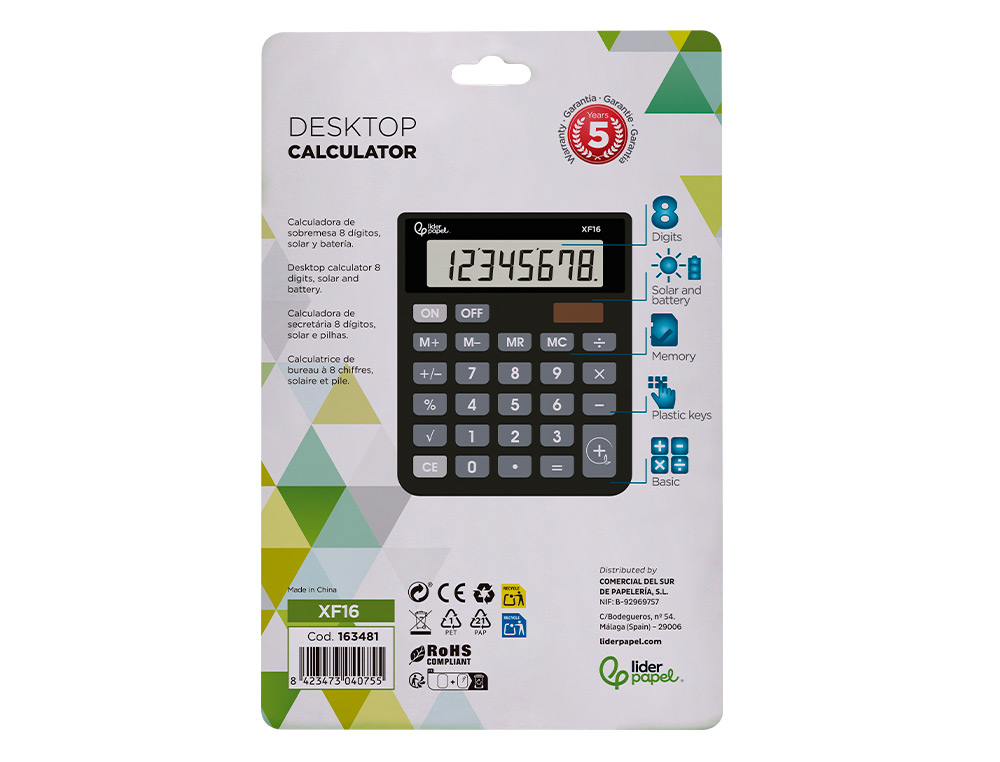 CALCULATRICE DE BUREAU LIDERPAPEL XF16 8 CHIFFRES SOLAIRE ET PILES 127X105X24 MM COLORIS NOIR