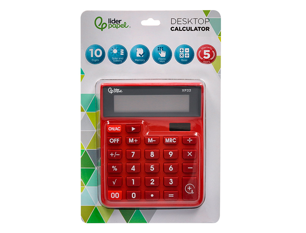 CALCULATRICE DE BUREAU LIDERPAPEL XF22 10 CHIFFRES SOLAIRE ET PILES 127X105X24 MM COLORIS ROUGE