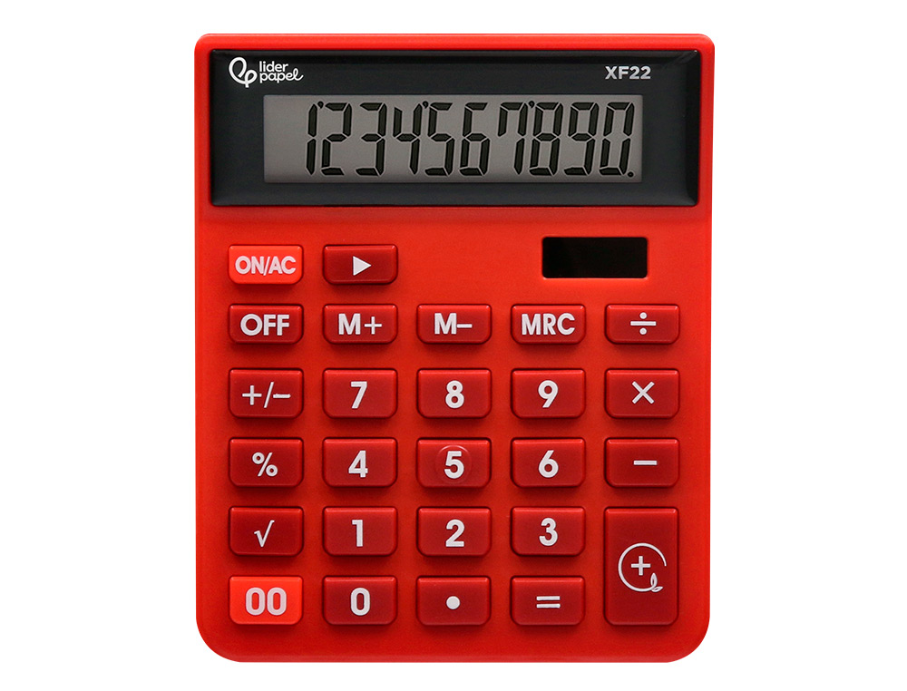 CALCULATRICE DE BUREAU LIDERPAPEL XF22 10 CHIFFRES SOLAIRE ET PILES 127X105X24 MM COLORIS ROUGE