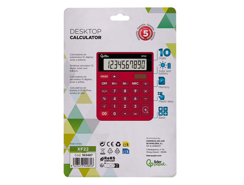 CALCULATRICE DE BUREAU LIDERPAPEL XF22 10 CHIFFRES SOLAIRE ET PILES 127X105X24 MM COLORIS ROUGE