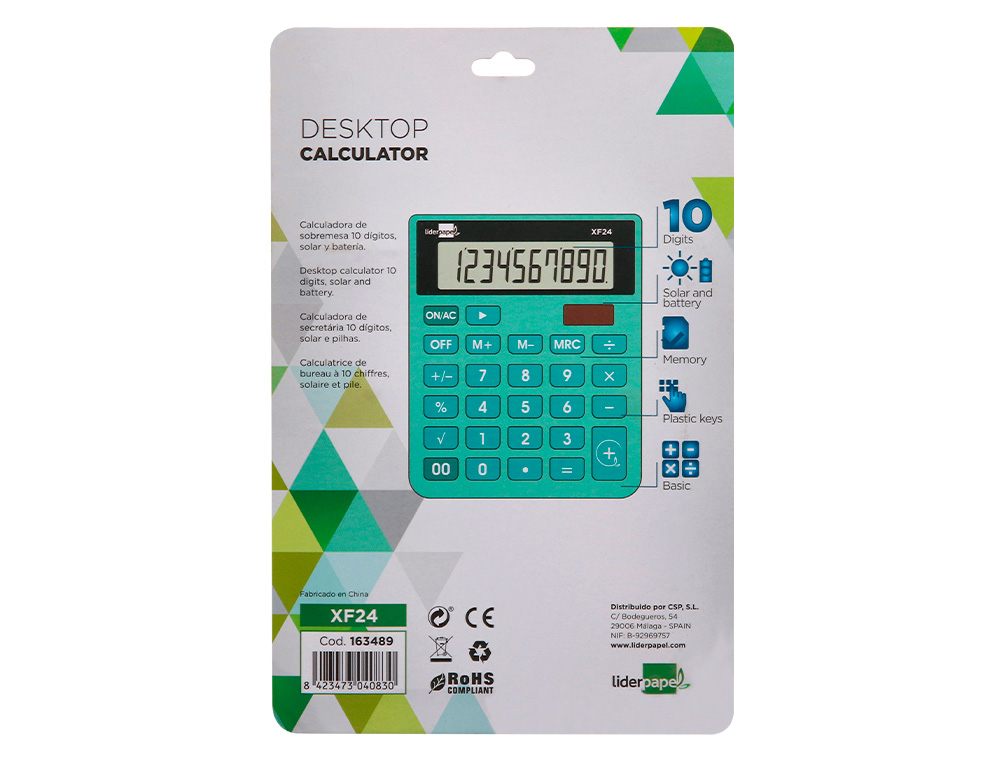 CALCULATRICE DE BUREAU LIDERPAPEL XF24 10 CHIFFRES SOLAIRE ET PILES 127X105X24 MM COLORIS VERT