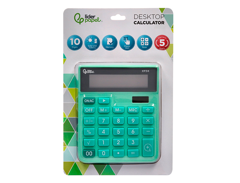 CALCULATRICE DE BUREAU LIDERPAPEL XF24 10 CHIFFRES   SOLAIRE ET PILES 127X105X24   MM COLORIS VERT