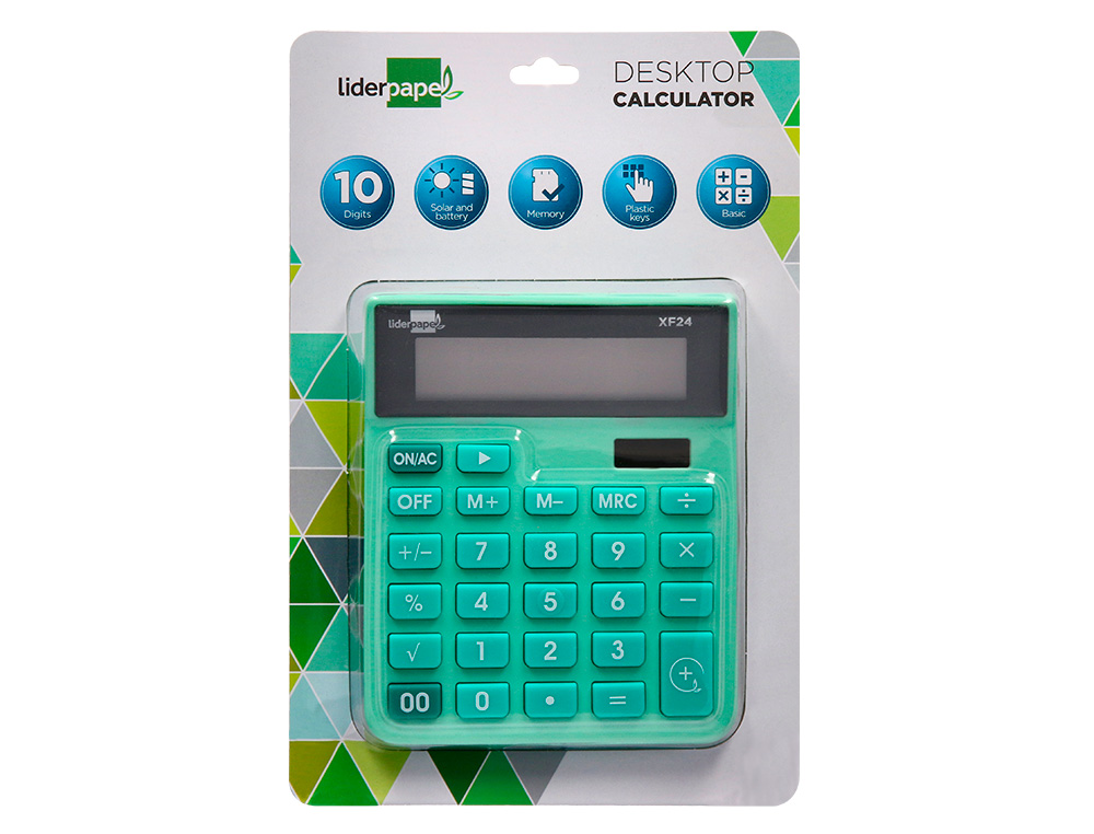 CALCULATRICE DE BUREAU LIDERPAPEL XF24 10 CHIFFRES SOLAIRE ET PILES 127X105X24 MM COLORIS VERT