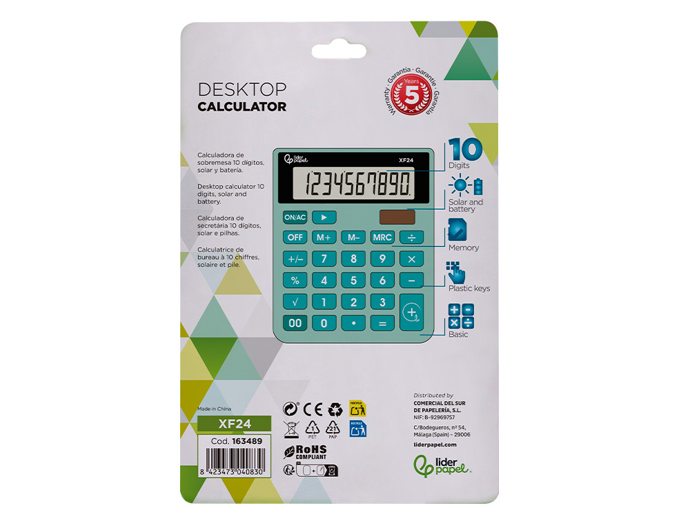 CALCULATRICE DE BUREAU LIDERPAPEL XF24 10 CHIFFRES   SOLAIRE ET PILES 127X105X24   MM COLORIS VERT
