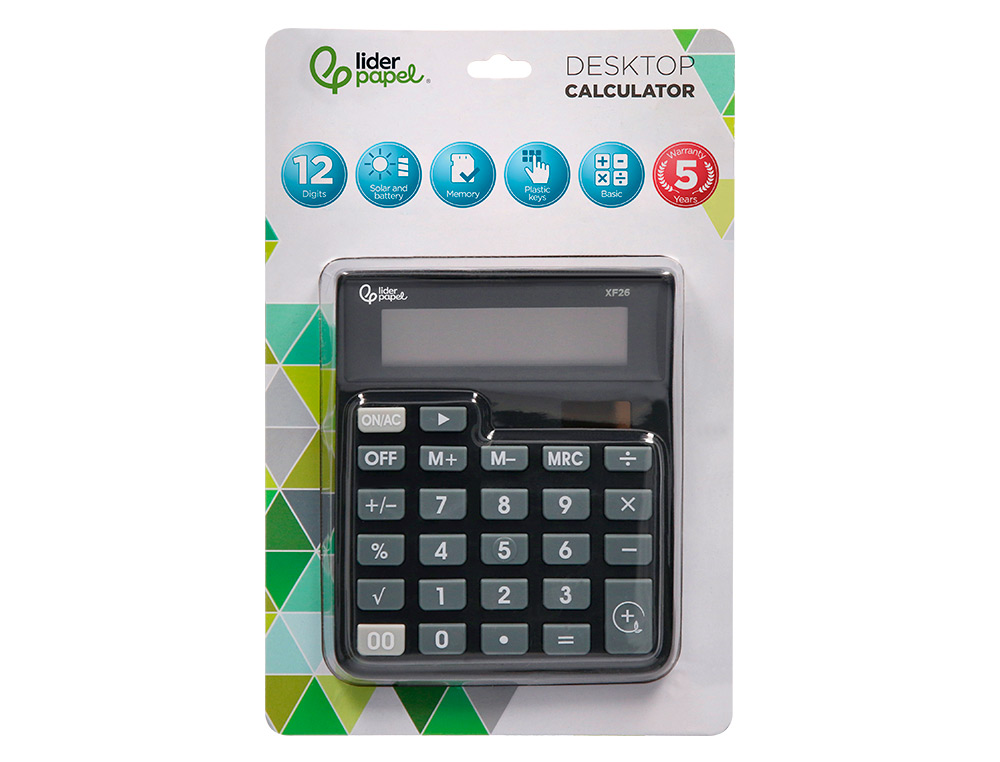 CALCULATRICE DE BUREAU LIDERPAPEL XF26 12 CHIFFRES SOLAIRE ET PILES 127X105X24 MM COLORIS NOIR
