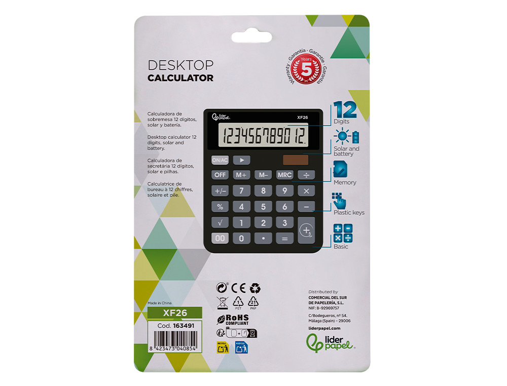 CALCULATRICE DE BUREAU LIDERPAPEL XF26 12 CHIFFRES SOLAIRE ET PILES 127X105X24 MM COLORIS NOIR