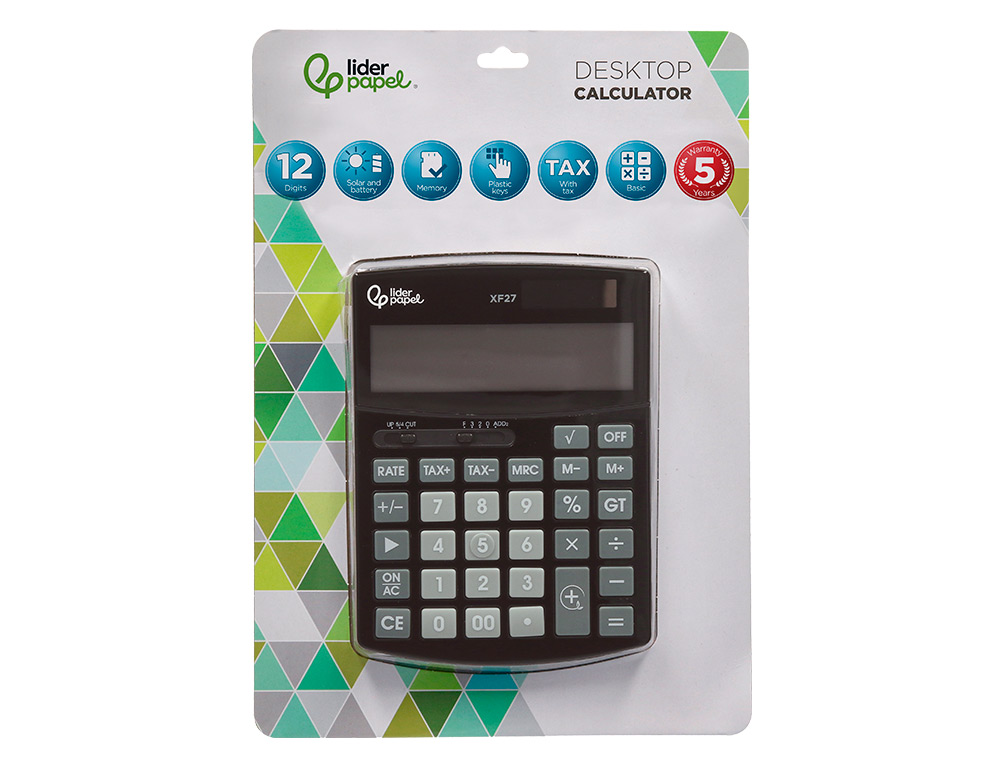 CALCULATRICE DE BUREAU LIDERPAPEL XF27 12 CHIFFRES TAXES SOLAIRE ET PILES COLORIS NOIR 155X115X25 MM