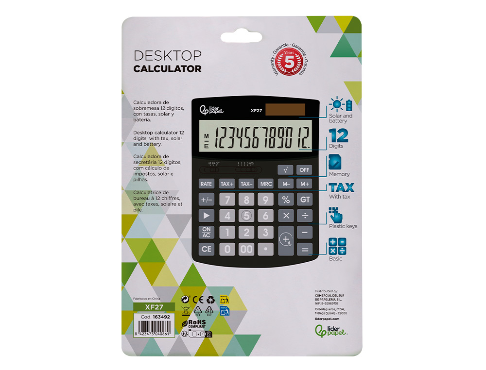CALCULATRICE DE BUREAU LIDERPAPEL XF27 12 CHIFFRES TAXES SOLAIRE ET PILES COLORIS NOIR 155X115X25 MM