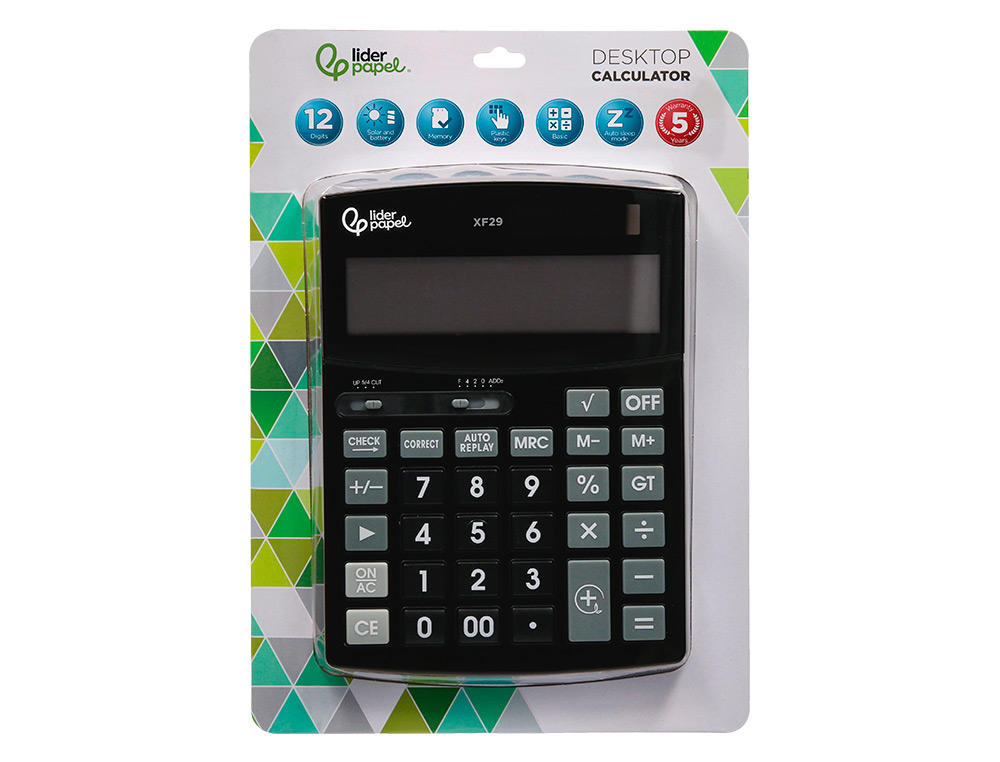 CALCULATRICE DE BUREAU LIDERPAPEL XF29 12 CHIFFRES TAXES SOLAIRE ET PILES COLORIS NOIR 190X140X30 MM