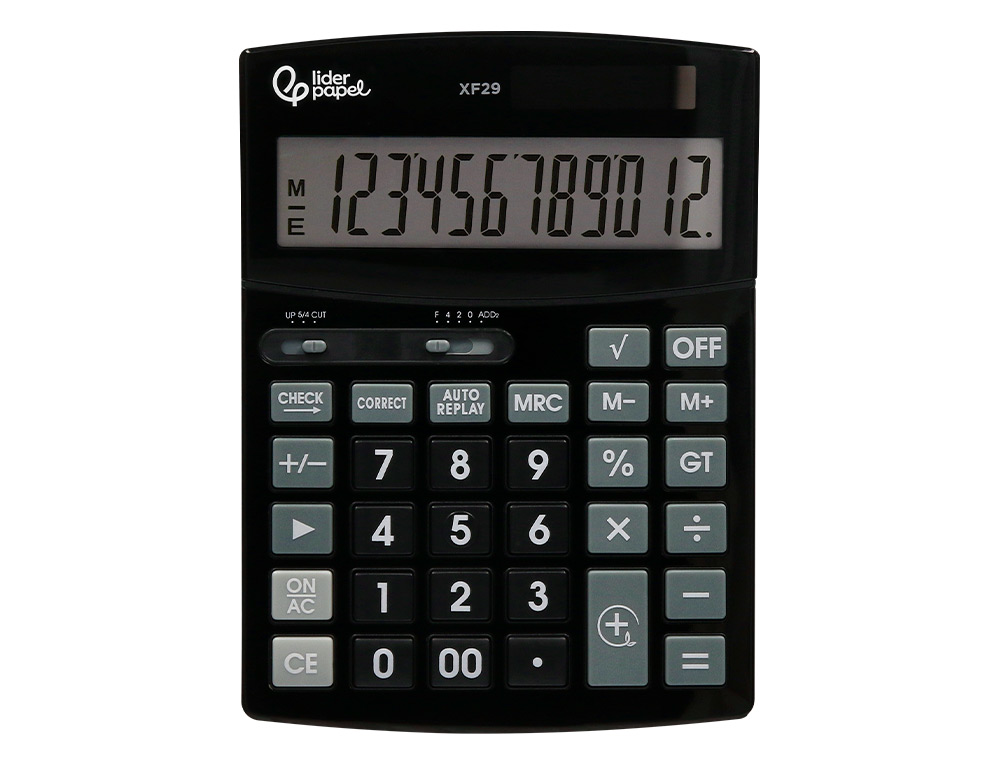 CALCULATRICE DE BUREAU LIDERPAPEL XF29 12 CHIFFRES TAXES SOLAIRE ET PILES COLORIS NOIR 190X140X30 MM