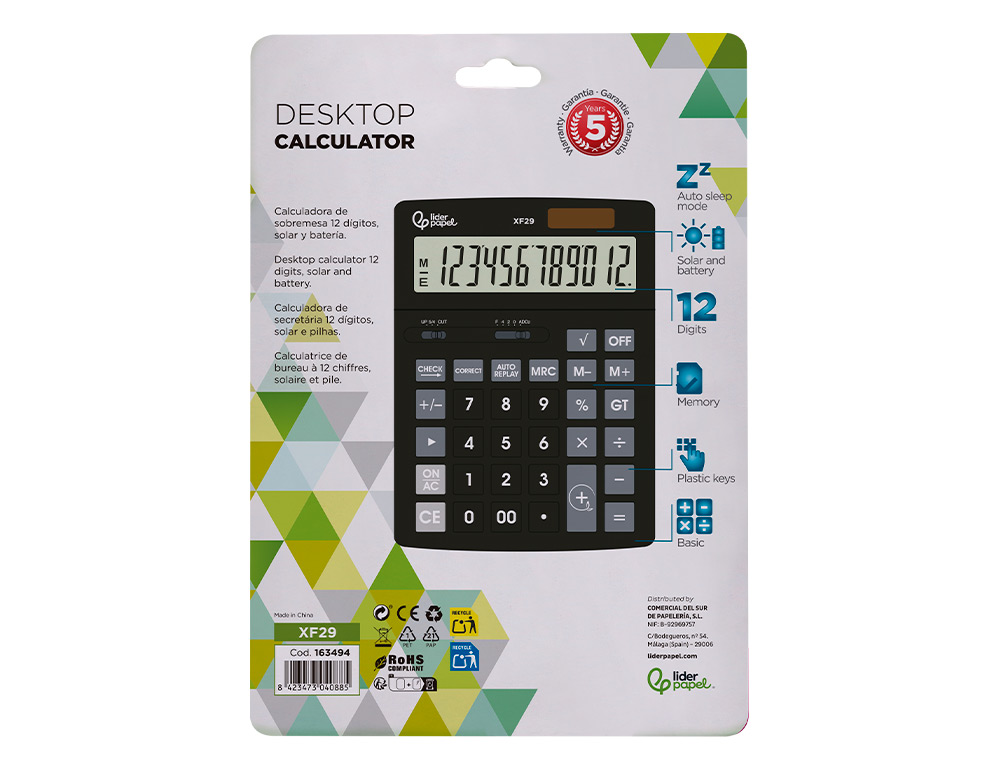 CALCULATRICE DE BUREAU LIDERPAPEL XF29 12 CHIFFRES TAXES SOLAIRE ET PILES COLORIS NOIR 190X140X30 MM