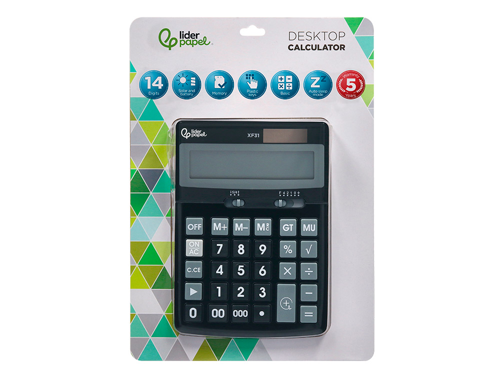 CALCULATRICE DE BUREAU LIDERPAPEL XF31 14 CHIFFRES   SOLAIRE ET PILES COLORIS NOIR 170X122X35 MM