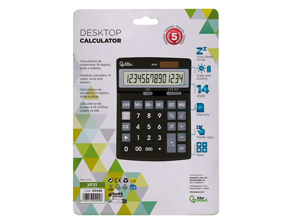 CALCULATRICE DE BUREAU LIDERPAPEL XF31 14 CHIFFRES   SOLAIRE ET PILES COLORIS NOIR 170X122X35 MM