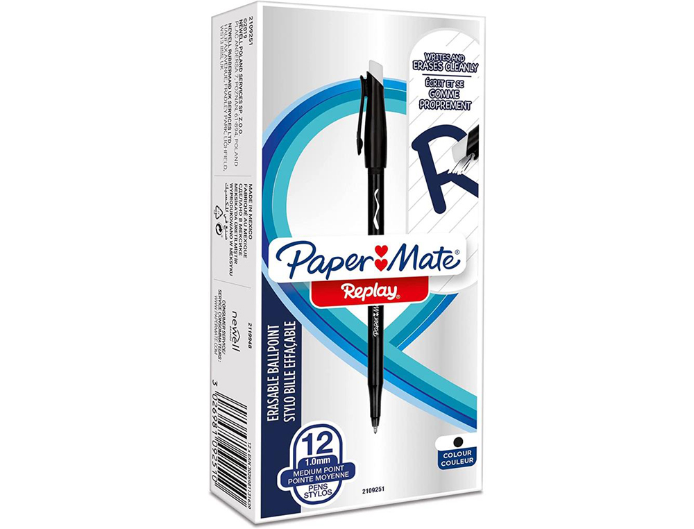 STYLO-BILLE PAPER MATE REPLAY COLORS GOMMMABLE POINTE MOYENNE 1,0MM TRACE 0,8MM COLORIS NOIR