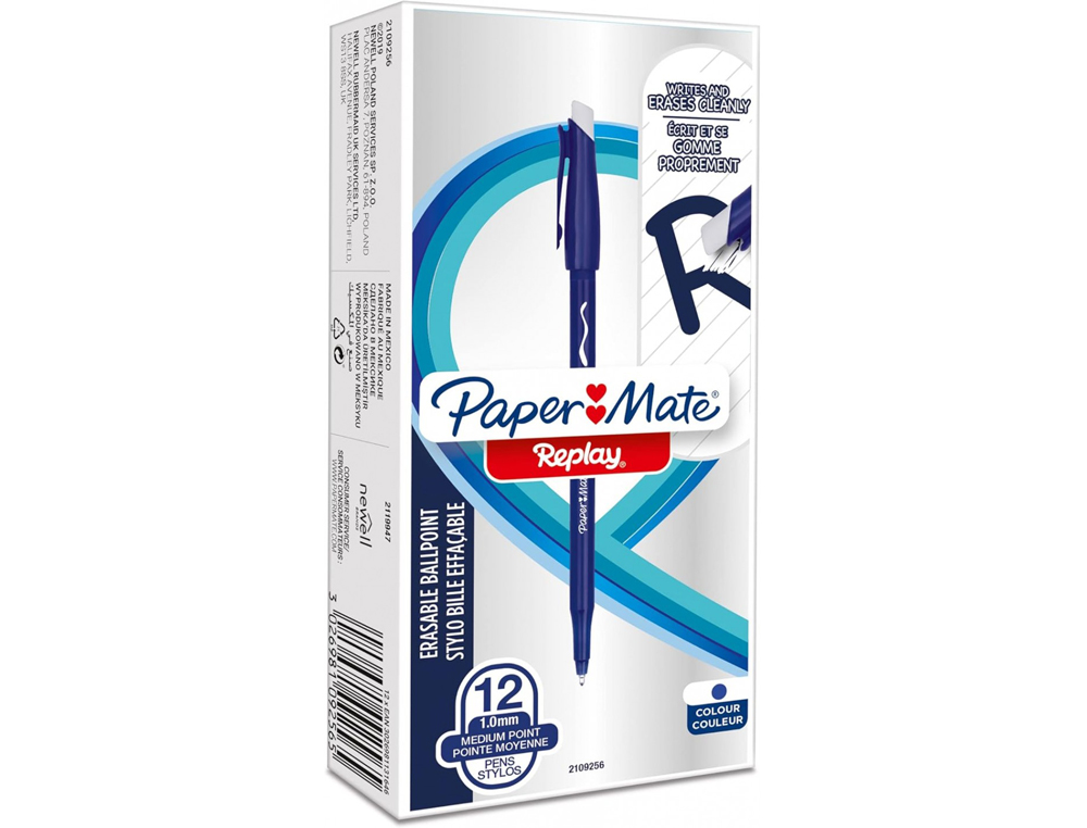 STYLO-BILLE PAPER MATE REPLAY COLORS GOMMMABLE POINTE       MOYENNE 1,0MM TRACE 0,8MM     COLORIS BLEU