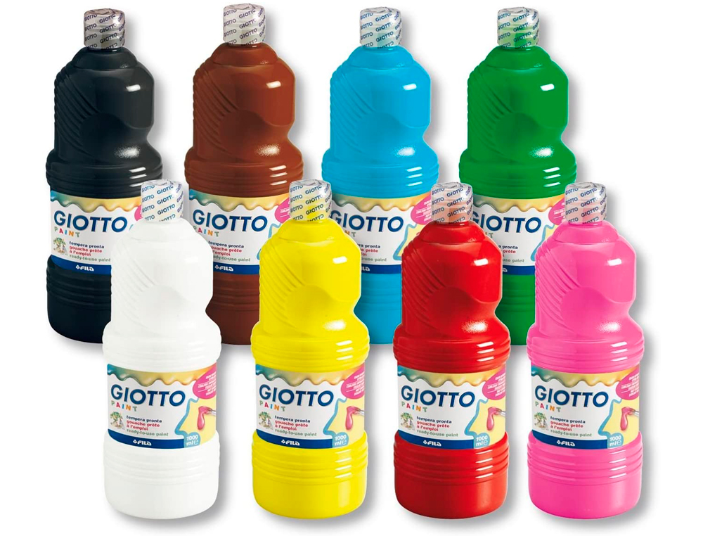 GOUACHE LIQUIDE GIOTTO PRTE  L'EMPLOI PIGMENTS RICHES COUVRANTE CRMEUSE COLORIS ASSORTIS BOTE 8 FLACONS 1000ML