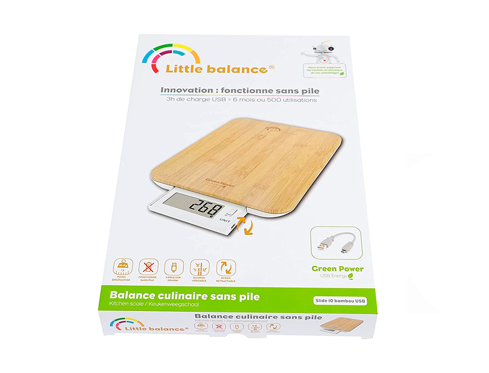 BALANCE 10KG/1G SLIDE BAMBOU AVEC BATTERIE RECHARGEABLE ET REMPLAABLE