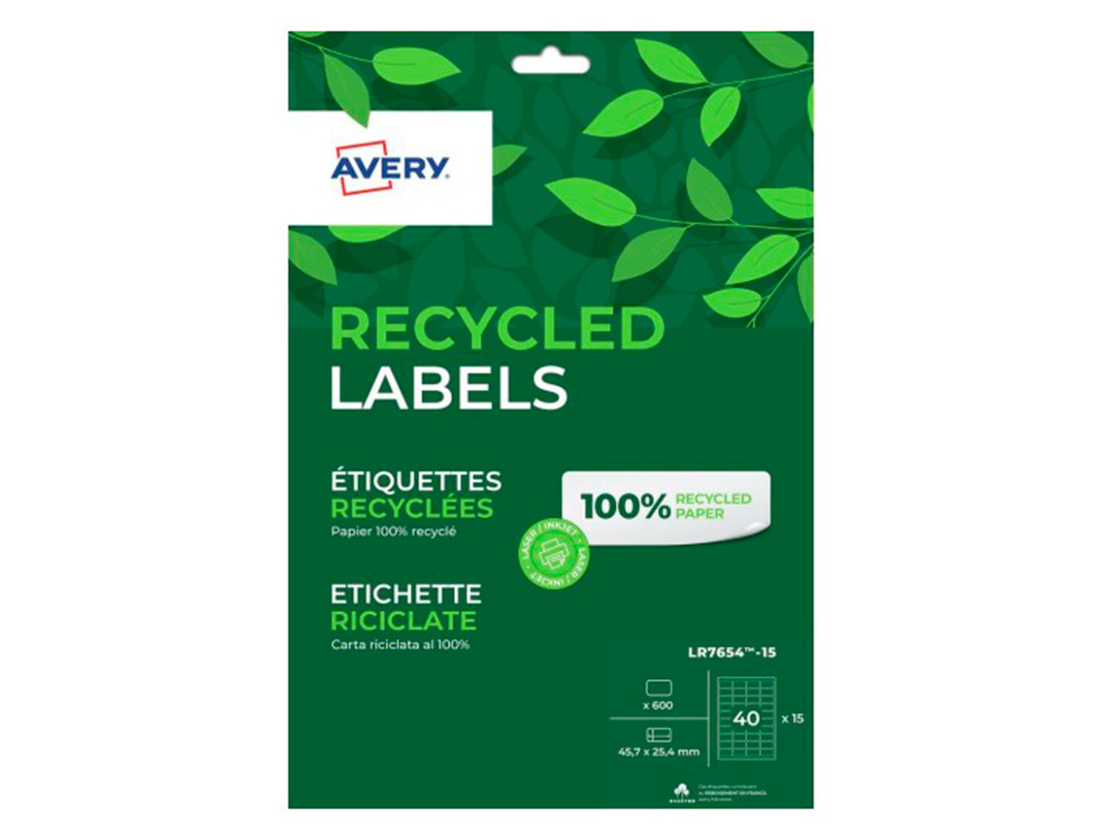 ETIQUETTE AUTOCOLLANTE AVERY ADRESSE RECYCLEE LASER 45,7 X 25,4MM BOITE DE 600 BLANC