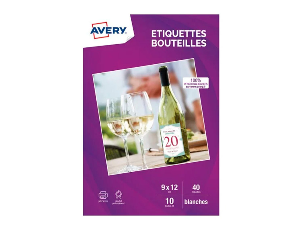 ETIQUETTE AVERY BLANC 12X9CM POUR BOUTEILLE JET D ENCRE    PAQUET DE 40