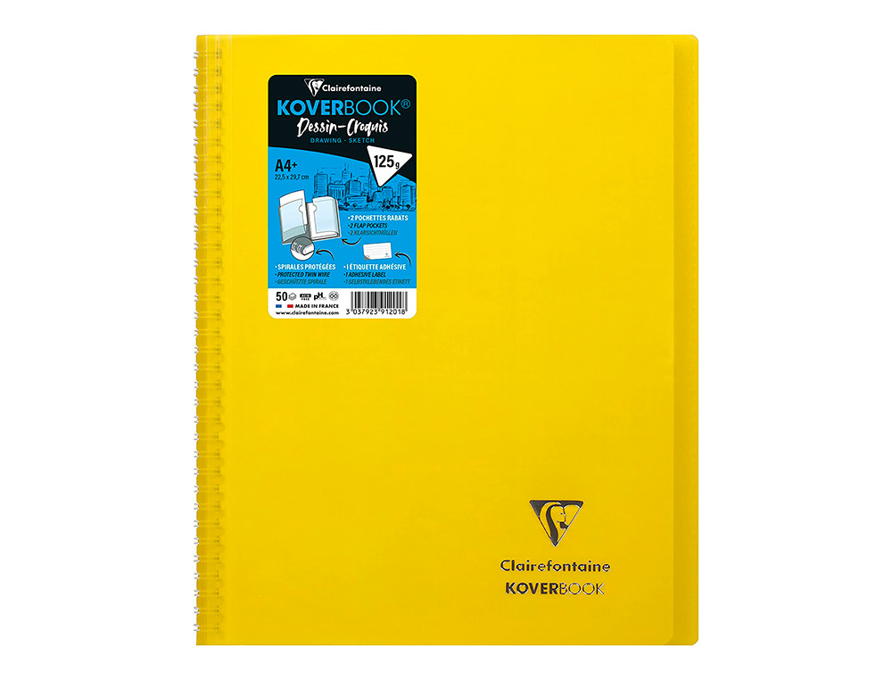 CARNET DE DESSIN KOVERBOOK A4 2 RABATS POCHETTE COULEURS ASSORTIES 22,5X29,7 CM BLANC 125G 100 PAGES